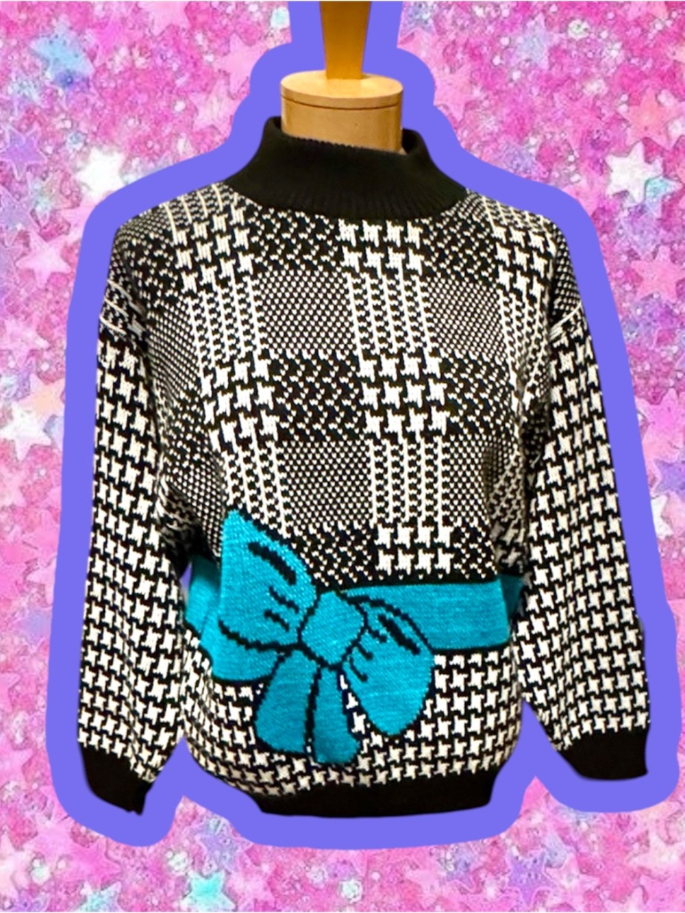 RAVE vintage 1980s houndstooth bow sweater NWOT deadstock S M 90s 80s gitano